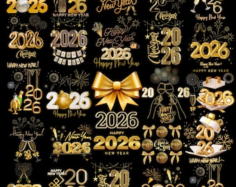 25 New Year 2026 PNG Designs | Gold DTF Bundle 300 DPI | Family & Couple Shirts