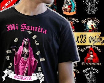 Santa Muerte Paket: 23 Designs im 300 DPI PNG-Format (für schwarze T-Shirts)