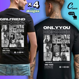 Puede incluir: Camisetas negras con un diseño de collage de fotos. Una camiseta presenta la palabra "GIRLFRIEND" y la otra "ONLYYOU", ambas con una cuadrícula de fotos en blanco y negro. Las camisetas también incluyen el nombre "MARIA" y la fecha "SINCE 111223".