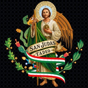 May include: An illustration of San Judas Tadeo, a religious figure, with a halo and angel wings. He is holding a staff and a medallion. The image includes a banner with the text "SAN JUDAS TADEO" and a ribbon in the colors of the Mexican flag.