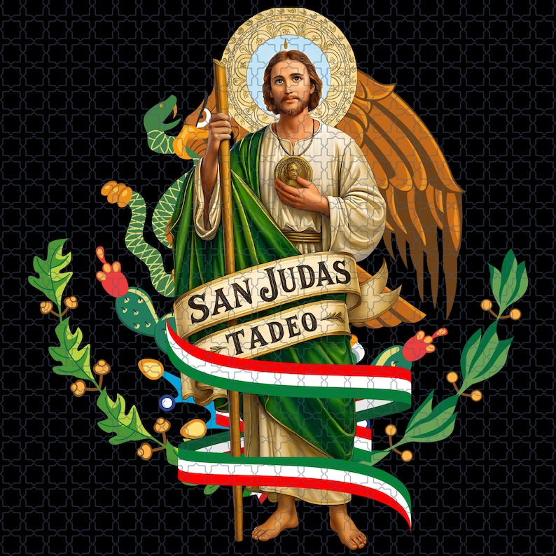 May include: An illustration of San Judas Tadeo, a religious figure, with a halo and angel wings. He is holding a staff and a medallion. The image includes a banner with the text "SAN JUDAS TADEO" and a ribbon in the colors of the Mexican flag.