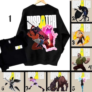Puede incluir: Sudadera y camiseta negras con la palabra "DISPATCH" en letras blancas y un rombo amarillo. La sudadera presenta un gráfico de una mujer con una espada. Se muestran gráficos adicionales de personajes a la derecha.