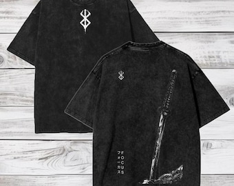 Anime Vintage Washed Katana Tee, Minimal Grunge Shirt, Gift for Anime Fans