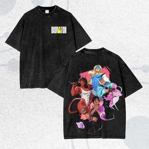 May include: Black t-shirt with the word "DISPATCH" in white and yellow on the front. The back of the shirt features a colorful graphic of several cartoon characters in various poses.