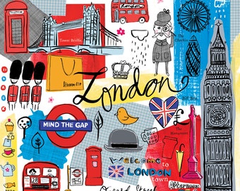 London illustration, modern, whimsical wall art, print, giclee, home decor. blue, red by Farida Zaman