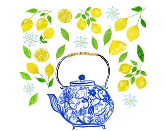 Lemon Ginger Tea pot blue and white wall art Tea art Wall print Wall decor home decor Chinoiserie Lemons by Farida Zaman 10x10