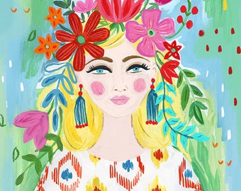 Illustration of woman yellow, pink, acrylic fun boho painting, modern, whimsical style wall print wall decor by Farida Zaman