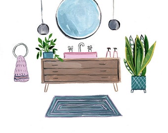 House Plants in Bathroom illustration, wall rt, wall print wall decor light blue blush pink home decor by Farida Zaman