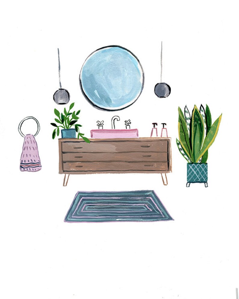 House Plants in Bathroom illustration, wall rt, wall print wall decor light blue blush pink home decor by Farida Zaman image 1