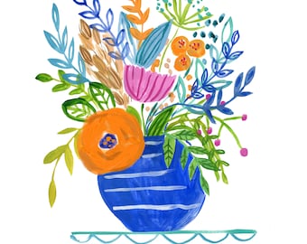 Blue  Floral Vase is a wall print watercolour of a floral bouquet in striped white and blue vase wall art wall print wall decor Farida Zaman