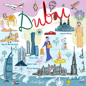 Illustration de voyage de Dubaï, art mural moderne, lunatique, impression, jet d’encre, décor à la maison. Couleurs vives par Farida Zaman