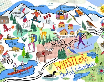 Whistler. Bristish Columbia, Canada illustration, travel, whimsical wall art, print, giclee, home decor. blue, red, yellow by Farida Zaman