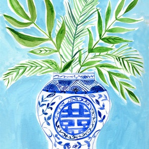 Blue and white , Chinoiserie, art print, 8x12, wall art, wall decor, Farida Zaman, Green leaves, illustration, hand painted image 1