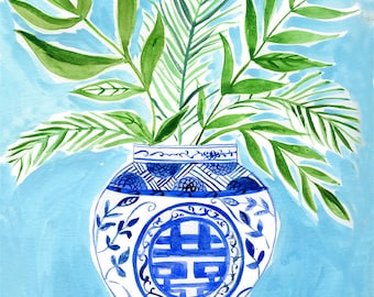 Blue and white , Chinoiserie, art print, 8x12, wall art, wall decor, Farida Zaman, Green leaves, illustration, hand painted