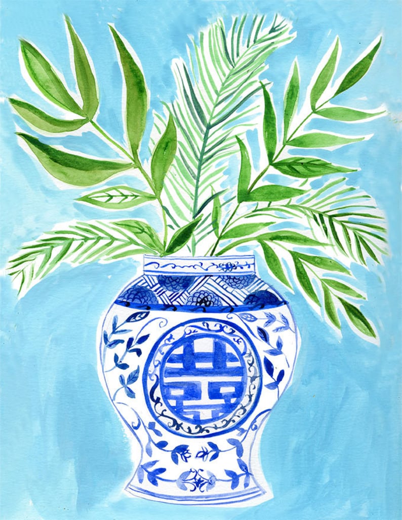 Blue and white , Chinoiserie, art print, 8x12, wall art, wall decor, Farida Zaman, Green leaves, illustration, hand painted image 1