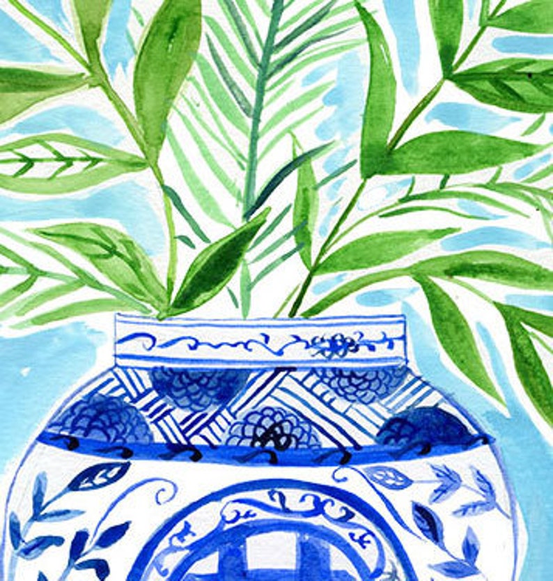 Blue and white , Chinoiserie, art print, 8x12, wall art, wall decor, Farida Zaman, Green leaves, illustration, hand painted image 3