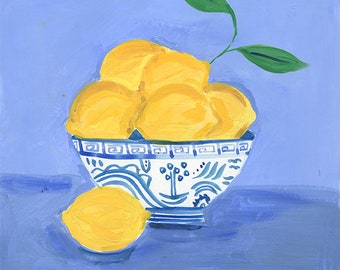 lemon a bowl, chinoiserie, blue, yellow, painting, wall print, acrylic painting print, still life by Farida Zaman