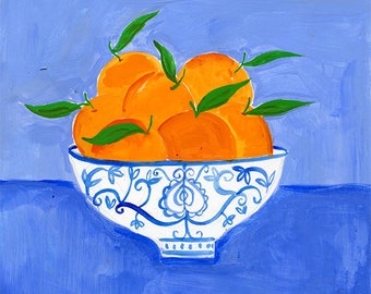 print of an original acrylic painting of oranges in a bowl, wall art, wall print, wall decor by Farida Zaman