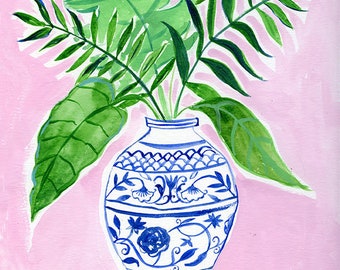 Blue and white  Chinoiserie, art print, 8x12, wall art, wall decor, Farida Zaman, vase, Green leaves, illustration, hand painted, pink