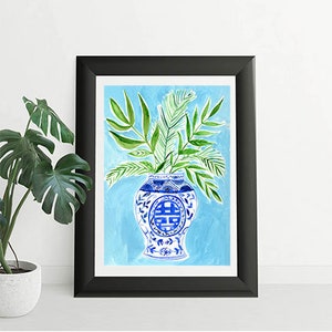 Blue and white , Chinoiserie, art print, 8x12, wall art, wall decor, Farida Zaman, Green leaves, illustration, hand painted image 2