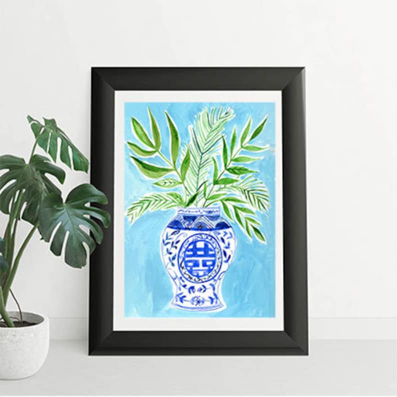 Blue and white , Chinoiserie, art print, 8x12, wall art, wall decor, Farida Zaman, Green leaves, illustration, hand painted image 2