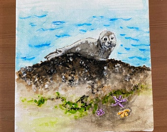 Seal painting, Original Watercolor, Small Canvas Art, Small Watercolor Painting, gifts under 30