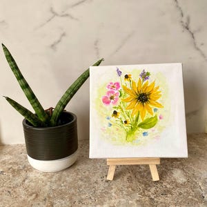 Garden Fowers, Original Watercolor, Small Canvas Art, Small Watercolor Painting, 5 x 5 inches, gifts under 30