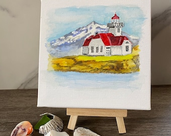 Lighthouse Painting, Original Watercolor, Small Canvas Art, Small Watercolor Painting, 5 x 5 inches, gifts under 30