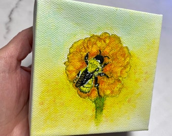 Bumblebee original painting, Original Watercolor, Small Canvas Art, Small Watercolor Painting, gifts under 30