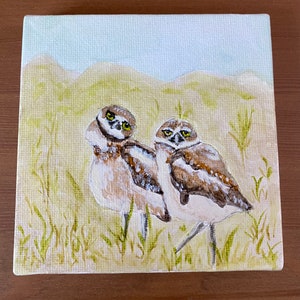 Owls painting, Burrowing Owls, Original Watercolor, Small Canvas Art, Small Watercolor Painting, gifts under 30