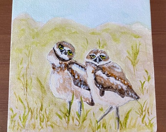 Owls painting, Burrowing Owls, Original Watercolor, Small Canvas Art, Small Watercolor Painting, gifts under 30