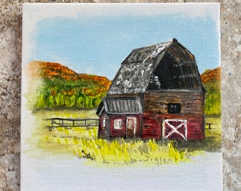 Barn Painting, Original Watercolor, Landscape Painting, Small Canvas Art, Small Watercolor Painting, 5 x 5 inches, gifts under 30