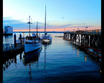 Sunset at the Ferry Landing, Blue, Evening, Landscape Photography Fine Art Photo