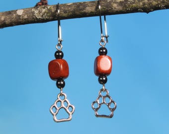 Paw Print Charm Earrings/red jasper & hematite beads/hypoallergenic earwires/pet jewelry