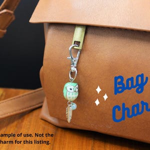 May include: A brown leather bag with a silver clasp holding a decorative owl charm. The owl charm is green and white with a feather and bead accent. The words "Bag Charm" are written in blue on the bag.