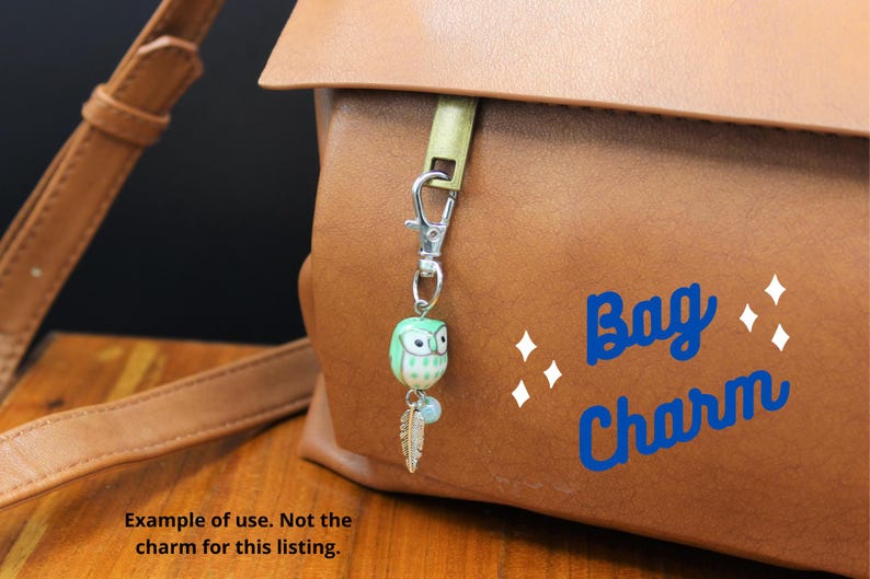 May include: A brown leather bag with a silver clasp holding a decorative owl charm. The owl charm is green and white with a feather and bead accent. The words "Bag Charm" are written in blue on the bag.
