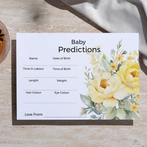 Carte de prédictions de bébé jaune, carte d'insertion de baby shower de lapin