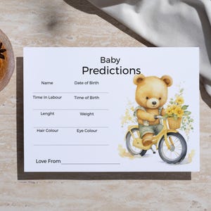 Carte de prédictions de bébé jaune, carte d'insertion de baby shower de lapin