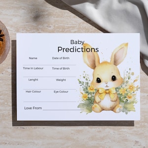 Carte de prédictions de bébé jaune, carte d'insertion de baby shower de lapin