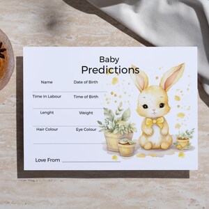 Carte de prédictions de bébé jaune, carte d'insertion de baby shower de lapin