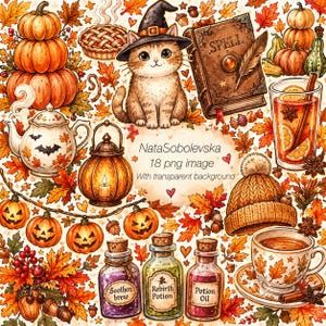 Op de afbeelding: Een verzameling herfstachtige illustraties met een kat met een heksenhoed, een spreukenboek, pompoenen, een theepot met vleermuizen, een lantaarn, toverdrankflesjes, een taart en een gebreide muts op een lichte achtergrond.
