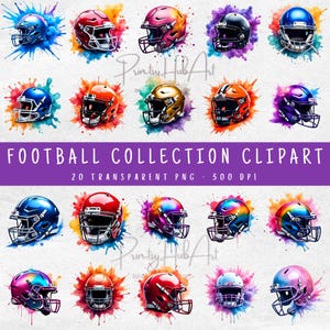 Watercolor Football Helmet Clipart: Sports Art PNG Bundle (Commercial Use Digital Download