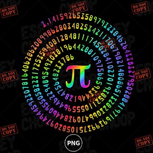 May include: A vibrant graphic of the Pi symbol in a rainbow gradient, encircled by a spiral of numbers in a similar gradient. The design is set against a black backdrop and includes the text "PNG". A mathematical theme.