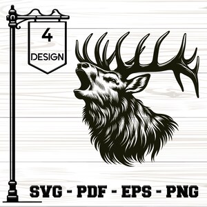 Peut inclure: Illustration en noir et blanc d'un cerf rugissant avec de grands bois. Le cerf fait face au côté gauche de l'image. L'image est sur un fond en bois blanc avec une pancarte qui dit "4 DESIGN" en haut de l'image.