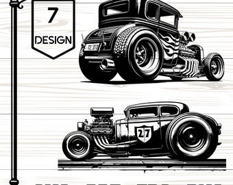 May include: Black and white illustration of two vintage hot rods. The top hot rod has flames painted on the side and the text "72.010" on the number plate. The bottom hot rod has the number "27" on the side. Both hot rods have large wheels and are in a classic style.