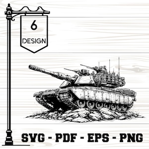 Può includere: Illustrazione in bianco e nero di un carro armato militare su un terreno roccioso. Il carro armato ha una canna lunga e dettagli precisi. Un palo indicatore con il numero 6 e la parola DESIGN è a sinistra. La parte inferiore dell'immagine contiene il testo: SVG - PDF - EPS - PNG.