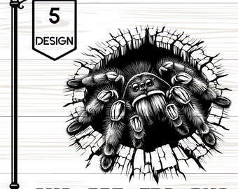 May include: Black and white illustration of a tarantula bursting through a wall. The image includes the text "5 DESIGN" on a sign and file type options: SVG, PDF, EPS, and PNG.