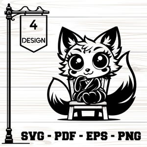 Kitsune SVG – Cute Kitsune Adorable Fox Spirit in Cartoon Style Sitting Pose | Sublimation, Kids Craft, Laser Engraving-  Instant download
