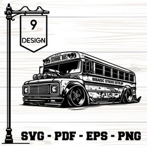 May include: Black and white illustration of a customized school bus with large wheels and a powerful engine. The bus has the words "SCHOOL BUS" and "Bibaise Stacke Sstilop" on it. The image also includes the text "9 DESIGN" and "SVG - PDF - EPS - PNG".