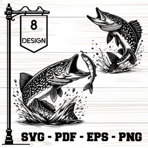 Pike Fish Jumping SVG | Fishing Sublimation Design for Shirts Mugs Hats Totes | Bass Fisherman Clipart | Outdoor Sport Print [3]
